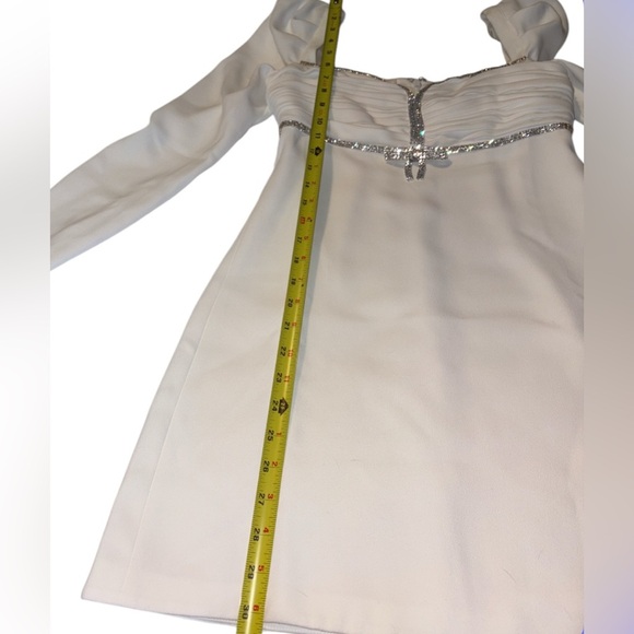 Self-Portrait Diamante Bow Mini Dress Crepe Long Sleeve White US Size 4 New - Picture 4 of 13